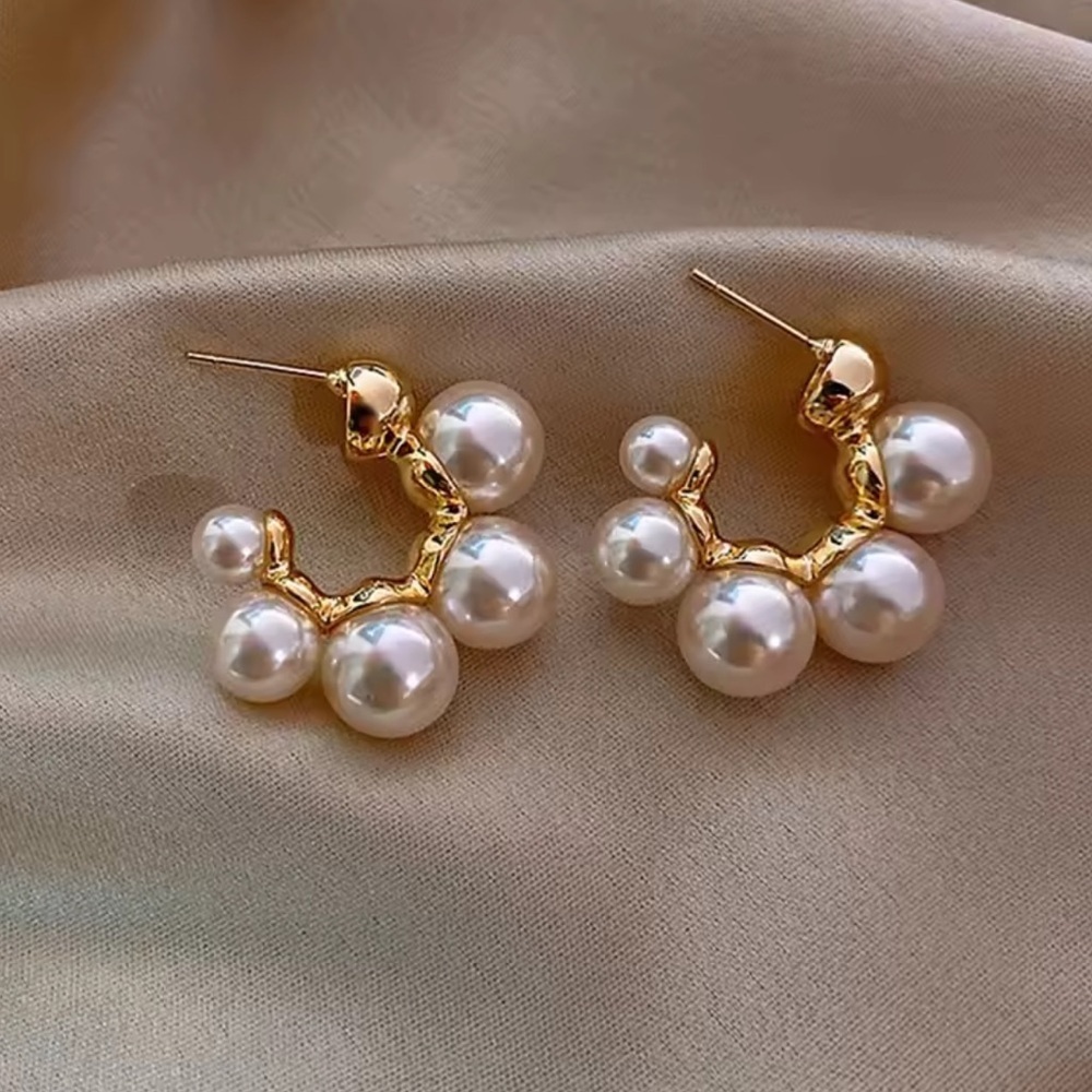 Vintage-Style Gold Pearl Drop Hoops Earrings